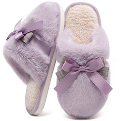 Ecetana Women's Fuzzy Bow Slippers Faux Fur Memory Foam Slip-Resistant House Shoes