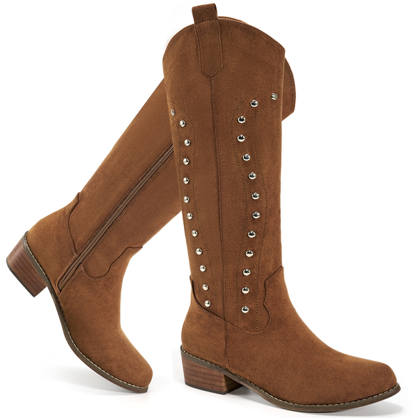 Ecetana Cowboy Boots for Women Western Booties Wide Calf Rivet Chunky Heel Boots