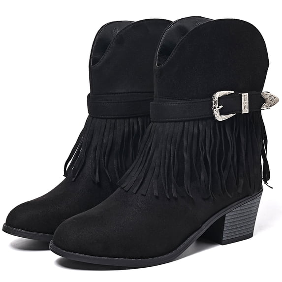 Ecetana Cowboy Boots for Women Mid Calf Cowgirl Boots with Fringe Round Toe Western Boot Chunky Low Heel Shoes