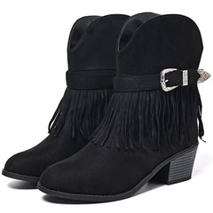 Ecetana Cowboy Boots for Women Mid Calf Cowgirl Boots with Fringe Round Toe Western Boot Chunky Low Heel Shoes