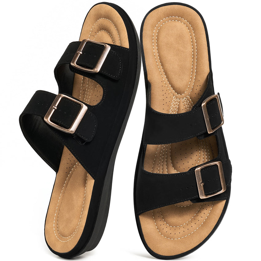 Ecetana Womens Flat Sandals Dressy Summer Comfortable Double Buckle Slip-On Slides Beach Shoes for Walking