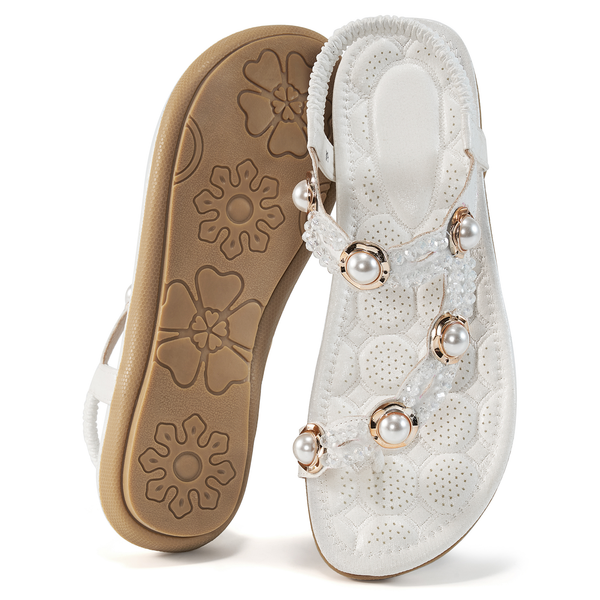 Ecetana Womens Flat Sandals Rhinestone Pearl Beach Sandals Clip Toe Summer Sandals for Women