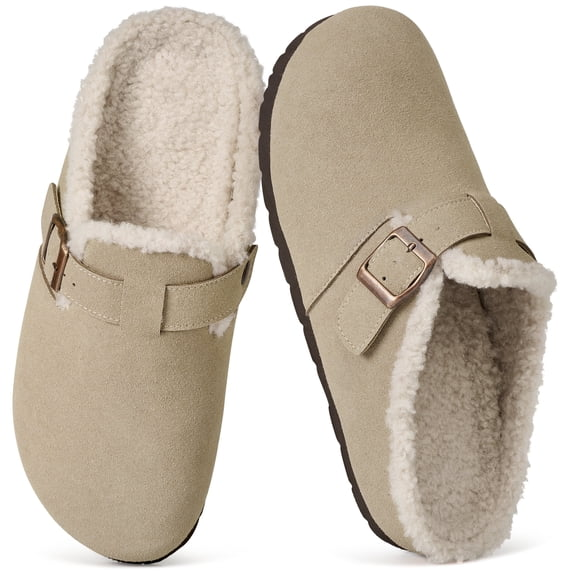 Ecetana Fuzzy Clogs for Women Warm Plush Lined Slip On Mules Faux Suede Winter Shoes Indoor Outdoor