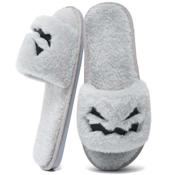 Ecetana Spooky Slides Halloween Slippers Soft Plush Cozy Open Toe Indoor Outdoor Fuzzy Slippers Gifts For Girls Women