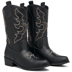 Ecetana Women's Cowboy Boots Pointed Toe Mid-Calf Block Heel Embroidered Western Boots