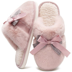Ecetana Women's Fuzzy Bow Slippers Faux Fur Memory Foam Slip-Resistant House Shoes