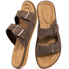 Ecetana Womens Flat Sandals Dressy Summer Comfortable Double Buckle Slip-On Slides Beach Shoes for Walking