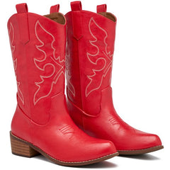 Ecetana Women's Cowboy Boots Pointed Toe Mid-Calf Block Heel Embroidered Western Boots