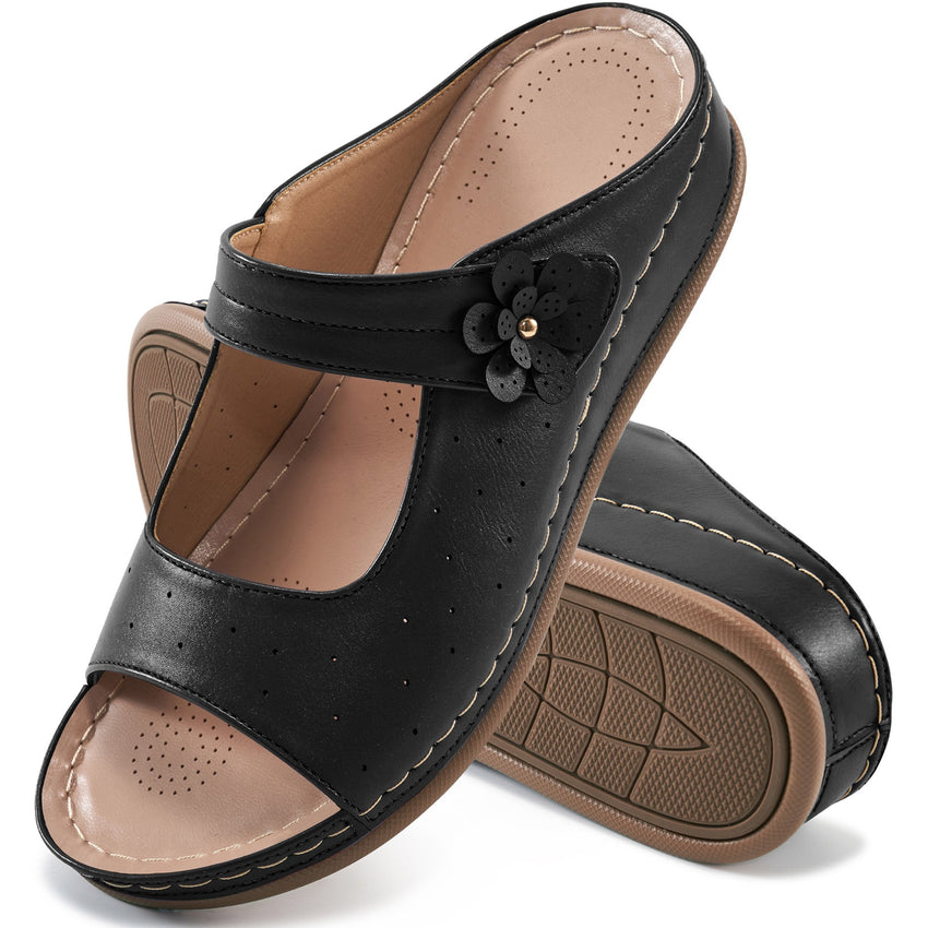Ecetana Womens Slide Sandals Leather Wedge Sandals Comfortable Summer Beach Sandals Orthopedic