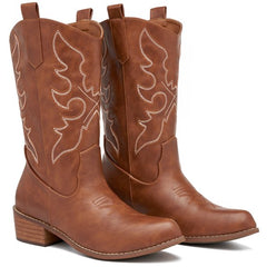 Ecetana Women's Cowboy Boots Pointed Toe Mid-Calf Block Heel Embroidered Western Boots