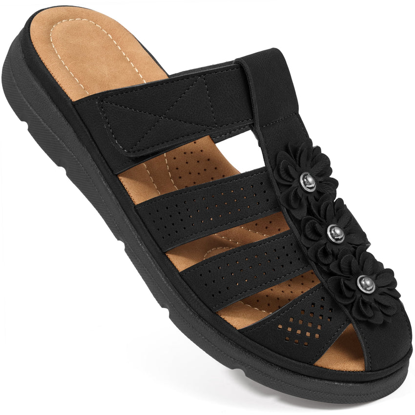 Ecetana Clogs for Women Comfortable Dressy Closed Toe Flat Sandals Summer Flower Adjustable Slip On Mules shoes