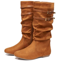 Ecetana Women's Slouchy Knee-High Boots with Flat Heel and Side Zipper