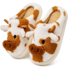 Ecetana Fuzzy Slippers for Women Cute Cow House Slippers Non-Slip Home Shoes with Memory Foam