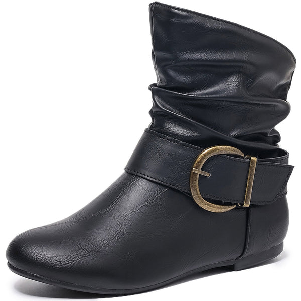 Ecetana Women's Slouch Ankle Flat Boots Mid Calf Slip On Boots Round Toe Short Boots