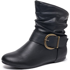 Ecetana Women's Slouch Ankle Flat Boots Mid Calf Slip On Boots Round Toe Short Boots