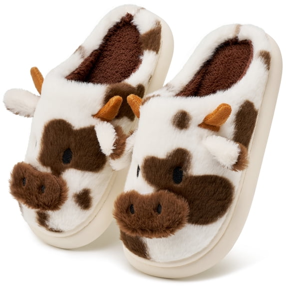 Ecetana Fuzzy Slippers for Women Cute Cow House Slippers Non-Slip Home Shoes with Memory Foam