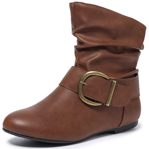Ecetana Women's Slouch Ankle Flat Boots Mid Calf Slip On Boots Round Toe Short Boots