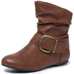 Ecetana Women's Slouch Ankle Flat Boots Mid Calf Slip On Boots Round Toe Short Boots