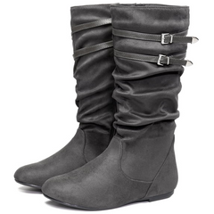 Ecetana Women's Slouchy Knee-High Boots with Flat Heel and Side Zipper