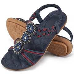 Ablanczoom Womens Sandals: Rhinestone Flower Comfortable Summer Flat Sandals for Women Beach Shoes