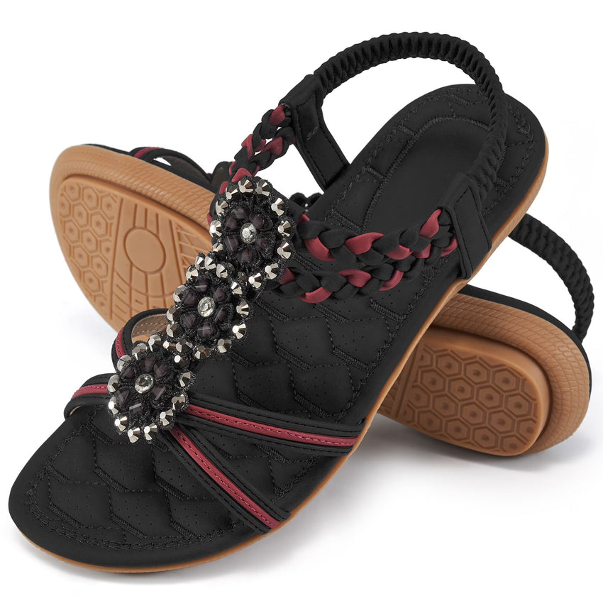 Ablanczoom Womens Sandals: Rhinestone Flower Comfortable Summer Flat Sandals for Women Beach Shoes