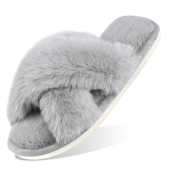 HARENC Women's Fuzzy Slippers Cross Band Memory Foam House Shoes Open Toe