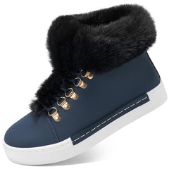 Ecetana Women's High Tops Sneakers Lace up Leather Sneakers Casual Walking Shoes with Faux Fur Collar