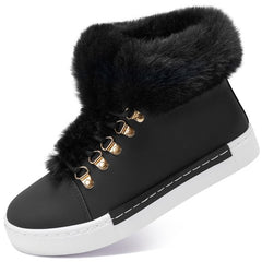 Ecetana Women's High Tops Sneakers Lace up Leather Sneakers Casual Walking Shoes with Faux Fur Collar