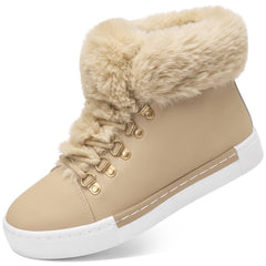 Ecetana Women's High Tops Sneakers Lace up Leather Sneakers Casual Walking Shoes with Faux Fur Collar