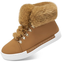 Ecetana Women's High Tops Sneakers Lace up Leather Sneakers Casual Walking Shoes with Faux Fur Collar