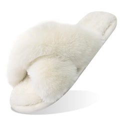 HARENC Women's Fuzzy Slippers Cross Band Memory Foam House Shoes Open Toe