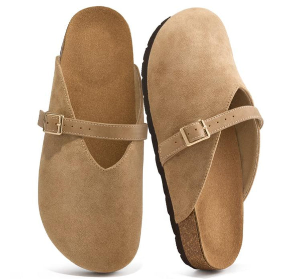 Ecetana Womens Suede Mules Cork Footbed Sandals Casual Slip On Clogs with Adjustable Belt Buckle