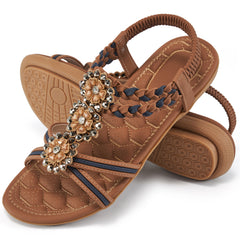 Womens Sandals Rhinestone Flower Summer Flat Sandals for Women Dress Shoes
