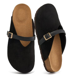 Ecetana Womens Suede Mules Cork Footbed Sandals Casual Slip On Clogs with Adjustable Belt Buckle
