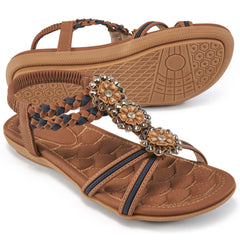 Womens Sandals Rhinestone Flower Summer Flat Sandals for Women Dress Shoes