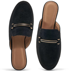 Decould sylf Womens Mules Flats Shoes Comfortable Suede Slip On Shoe Round Toe Dressy Casual Buckle Loafers